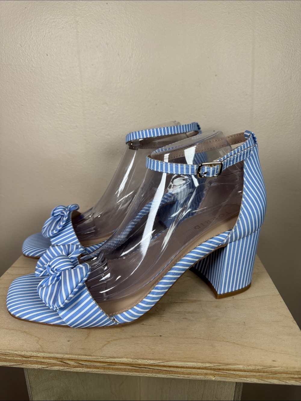 torrid Blue & White Striped Ankle-Strap Block Heels with Bow 10WW Nautical